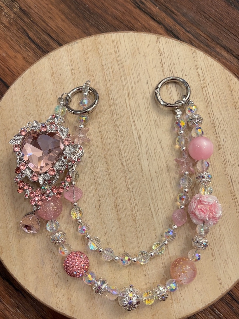 Pink Crystal Heart Double-Strand Bag or Phone Charm